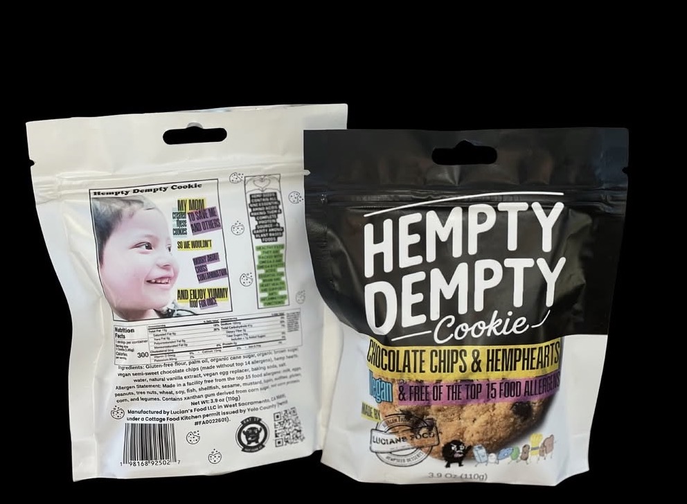 Front and back packaging for Hempty Dempty Chocolate Chip Hemphearts Cookie by Lucian's Food.