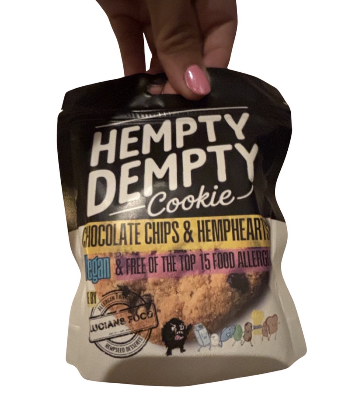 Hempty Dempty cookie bag held up close