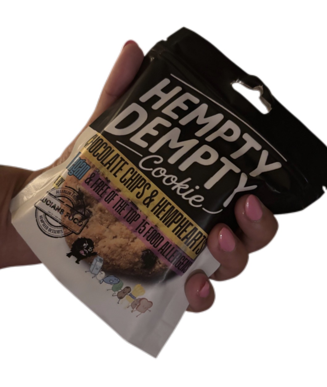 Hempty Dempty cookie package held in hand