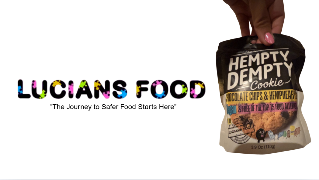 Lucian's Food brand mark with tagline 'The Journey to Safer Food Starts Here' next to a Hempty Dempty chocolate chip & hempheart cookie pouch