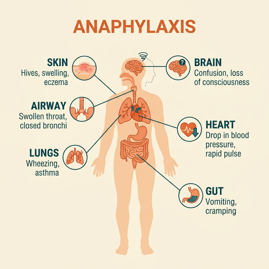 Anatomical diagram showing the body systems affected by anaphylaxis: skin (hives, eczema), airway (swollen throat), lungs (wheezing), heart (low blood pressure), gut (vomiting) and brain (loss of consciousness)