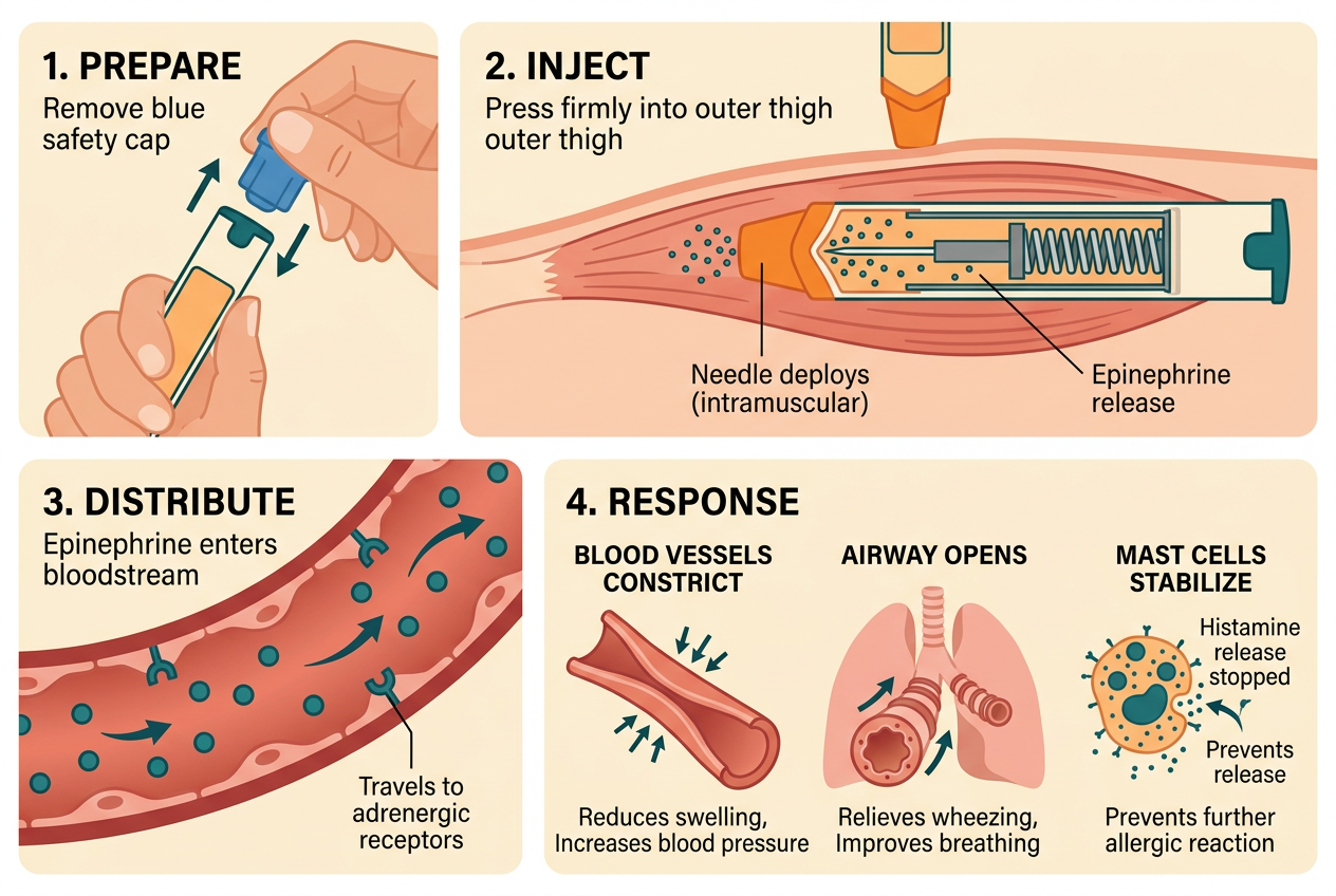 Four-panel diagram showing how an EpiPen works: prepare by removing safety cap, inject into outer thigh, epinephrine distributes through bloodstream, and triggers blood vessel constriction, airway opening, and mast cell stabilization