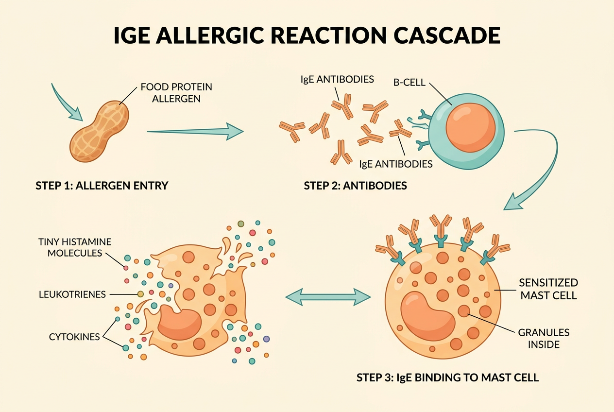 Diagram of the IgE allergic reaction cascade: food protein allergen, B-cell producing IgE antibodies, IgE binding to a sensitized mast cell, and mast cell degranulation releasing histamine, leukotrienes and cytokines