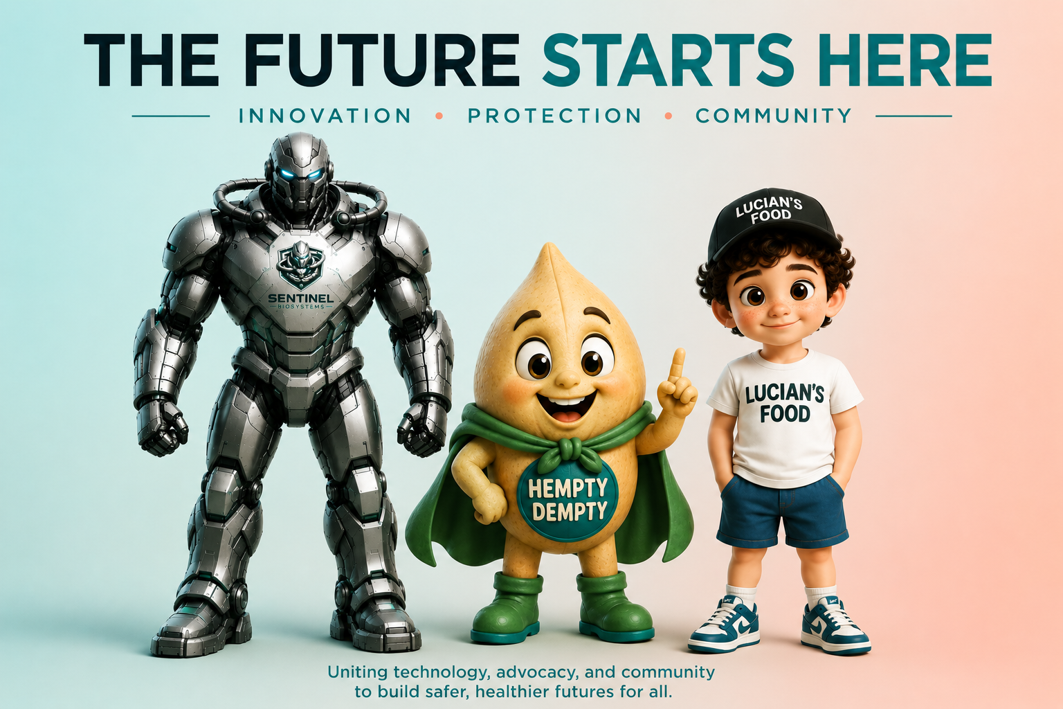 Sentinel Biosystems characters — the Sentinel guardian, Hempty Dempty mascot, and Lucian