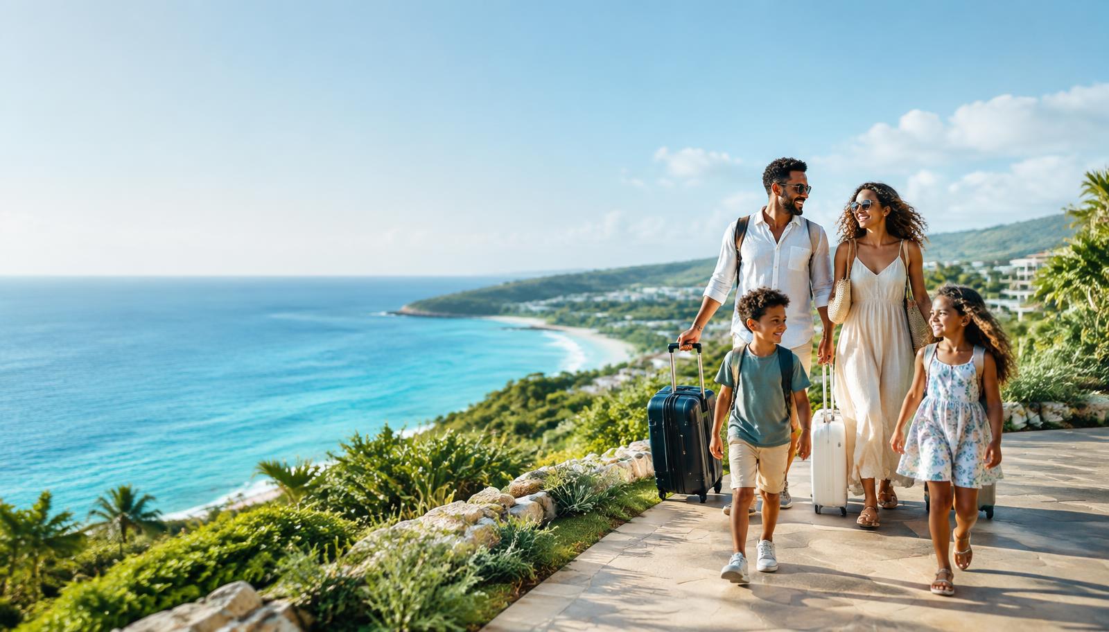 Family arriving at a coastal destination